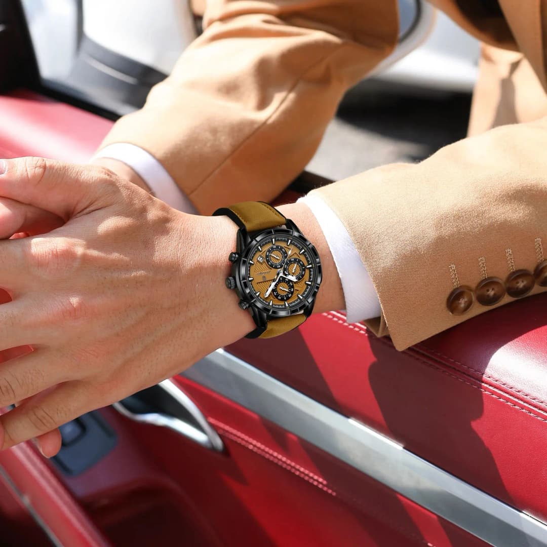 ساعة معصم POEDAGAR فاخرة للرجال كوارتز جلد أصلي بتاريخ كرونوغراف مقاومة للماء مضيئة ساعة رجالية + علبة - 6