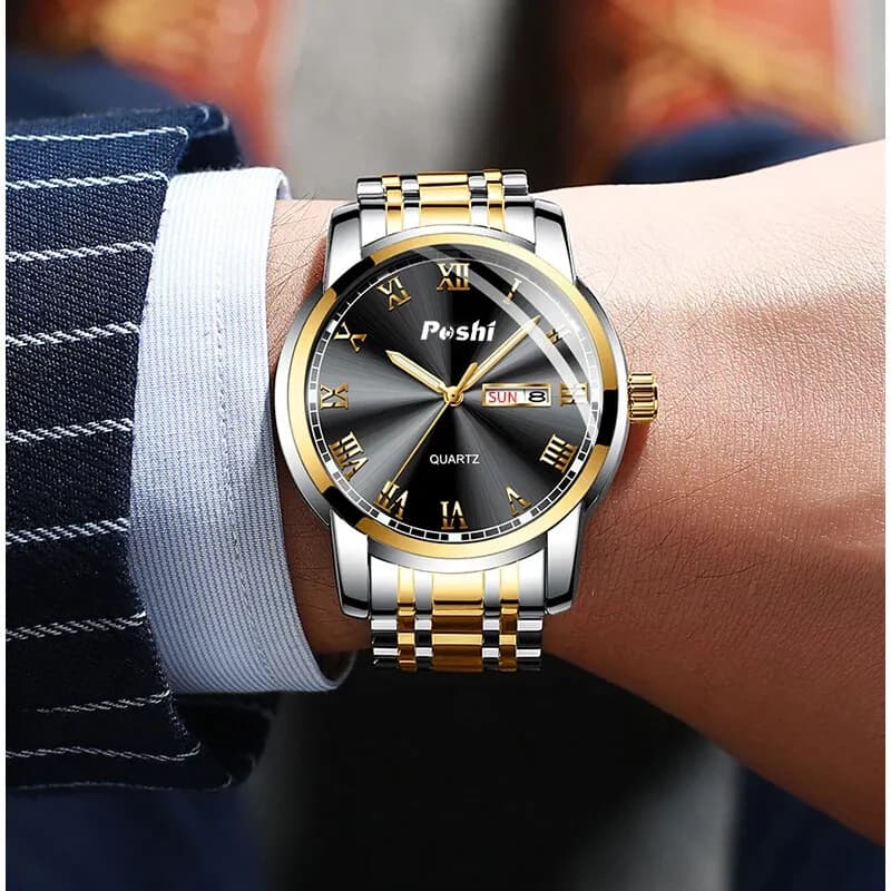 POSHI Stainless Steel Quartz Wrist Watch for Man Luxury Week Date Display Luminous Bracelet Fashion Men's Watch Original Clock - 3