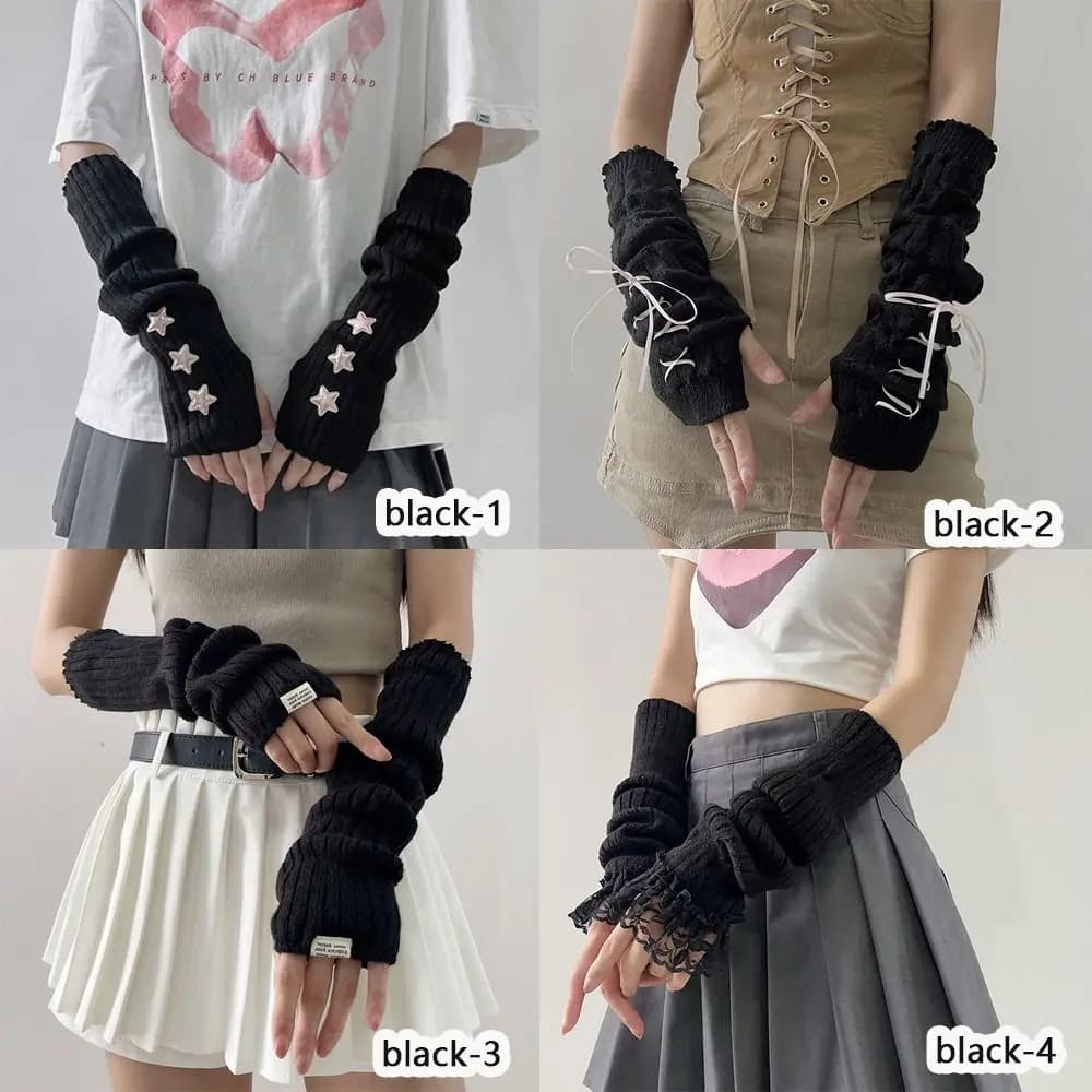 1Pair Fingerless Long Wrist Gloves Arm Warmers False Sleeves Knitted Gloves Finger Sleeves Cover Black White Half Finger Gloves - 5