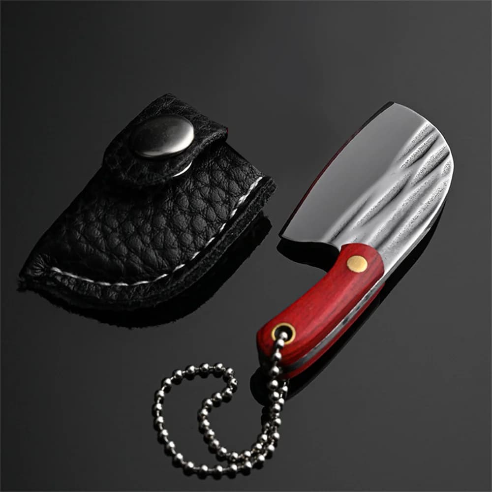 سكين مطبخ صغير محمول، قلادة مفاتيح، حافظة جلدية، مقبض خشبي، فولاذ مقاوم للصدأ، أداة قطع خارجية - 4
