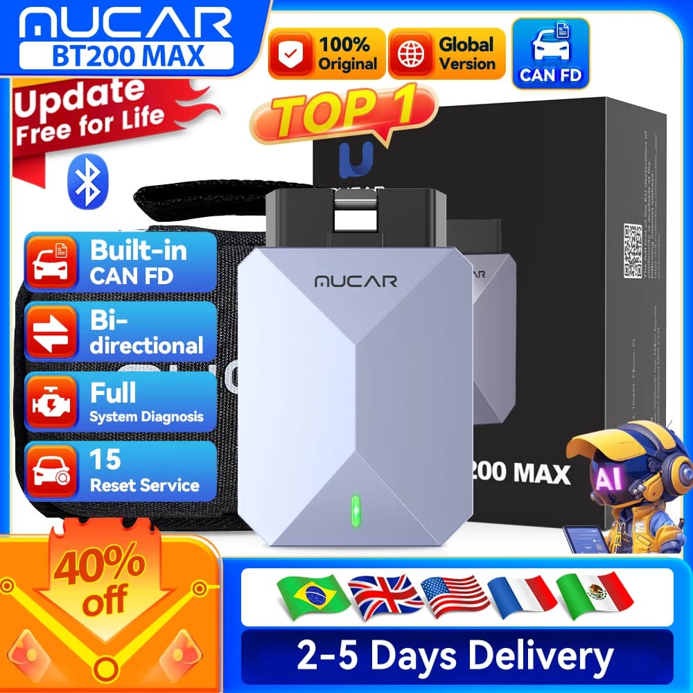 ماسح MUCAR BT200 Max OBD2 تحديث مجاني مدى الحياة تحكم ثنائي الاتجاه CAN FD أداة تشخيص جميع الأنظمة 15 إعادة ضبط لجميع السيارات