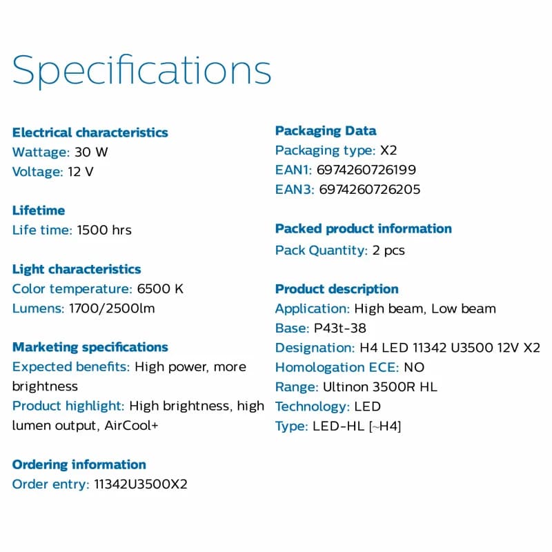 Philips LED H4 9003 Ultinon 3500R High Power 30W 2500LM Car Headlight 6500K White High Lumen Watt LED Lamps P43t LUM11342U3500X2 - 3