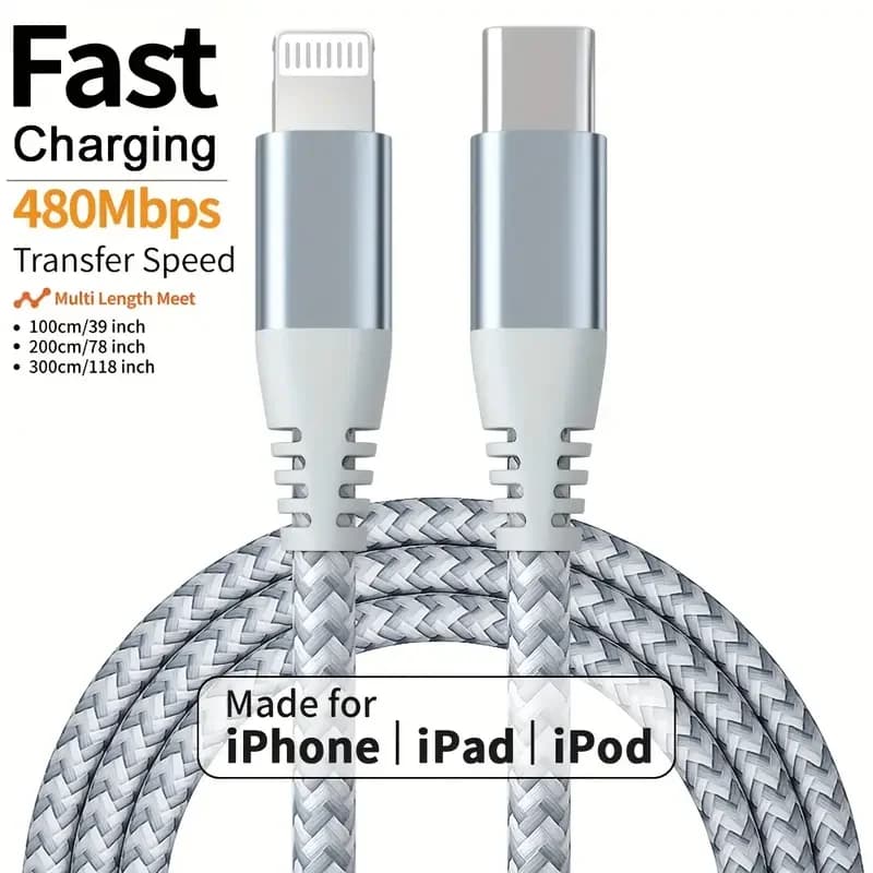 كابل شحن سريع MFi معتمد، USB C إلى Lightning، نايلون مضفر، متوافق مع iPhone 14 و13 و12 و11