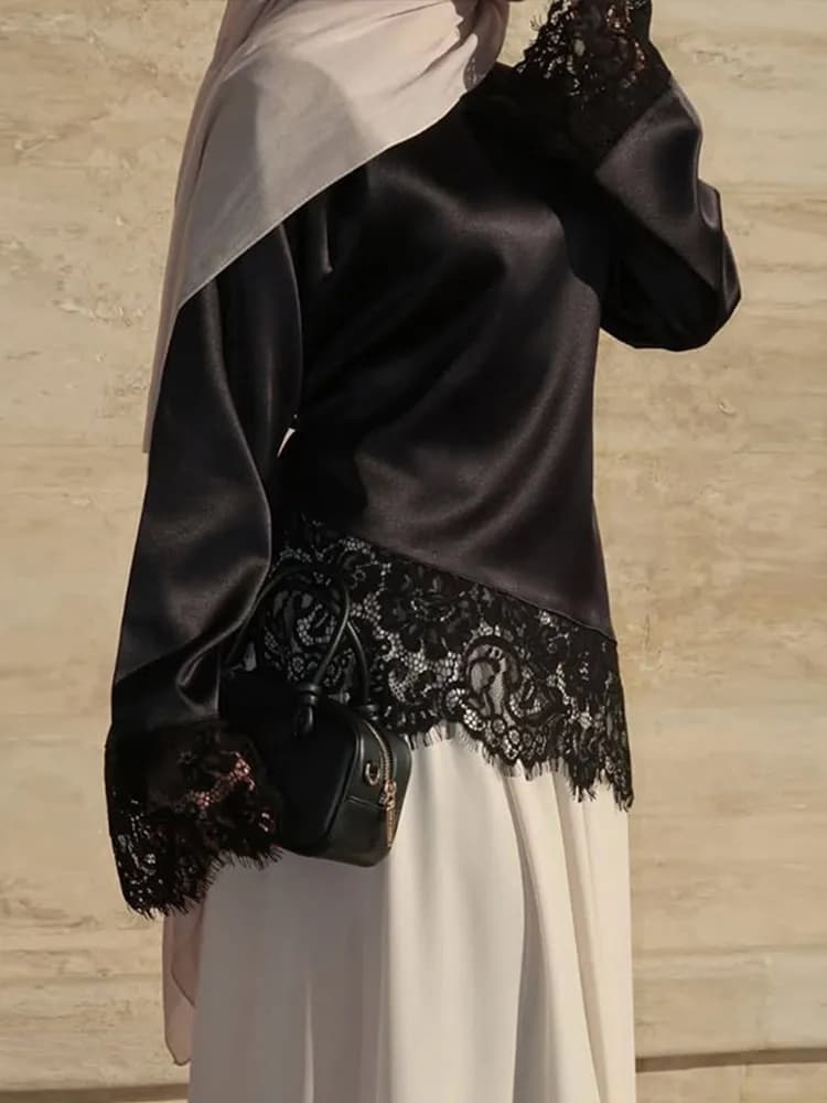 Elegant Satin Lace Patchwork Top Women O-neck Loose Long Sleeves Strappy Female shirt 2026 Spring Autumn Chic Lady T-shirt - 5