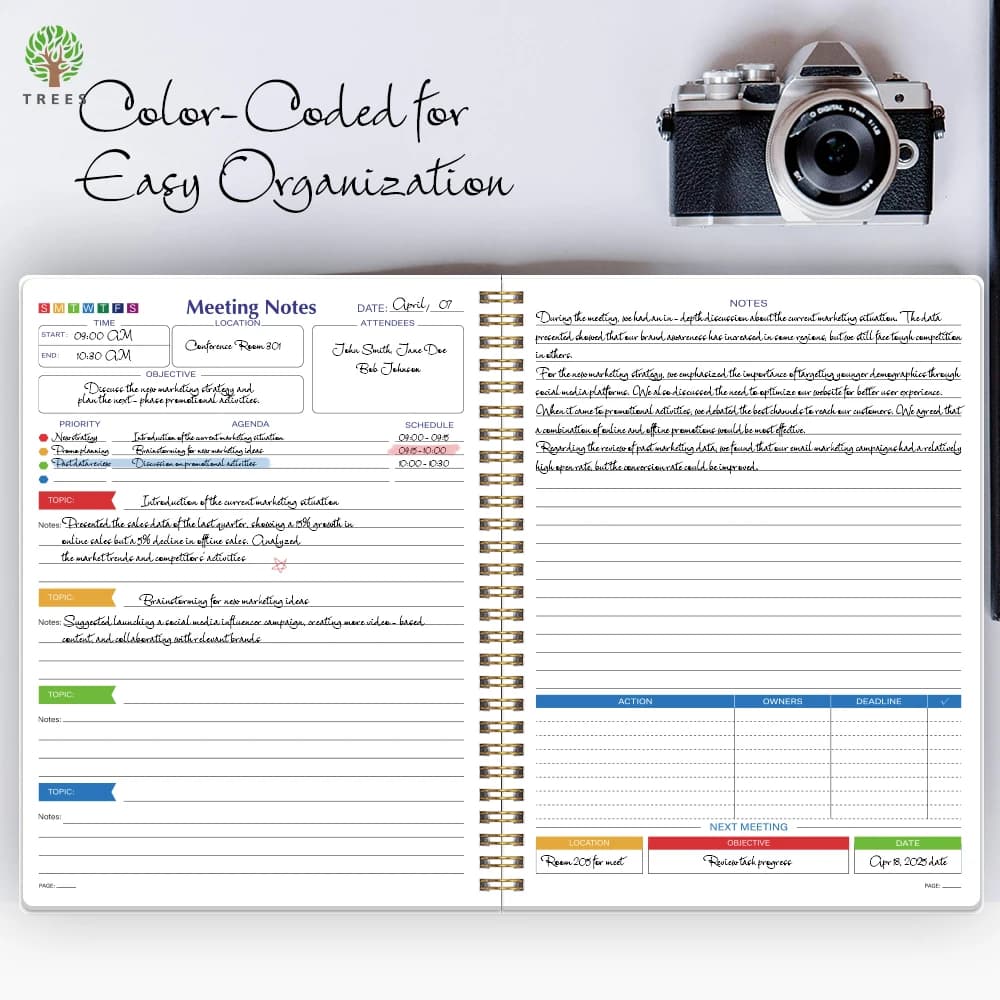 دفتر اجتماعات للعمل مع عناصر العمل، منظم ملاحظات اجتماعات مكتبية/تجارية للرجال والنساء - 4