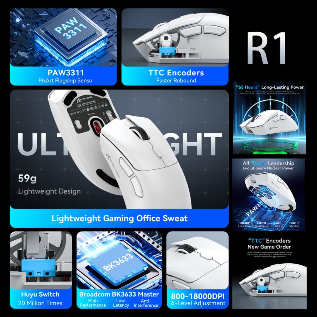 Attack Shark X11 X6 X3 R1 Wireless Gaming Mouse, RGB, Ergonomic, Ultra-Light, Tri-Mode, Macro, PAW3395/PAW3311, 26000 DPI - 5