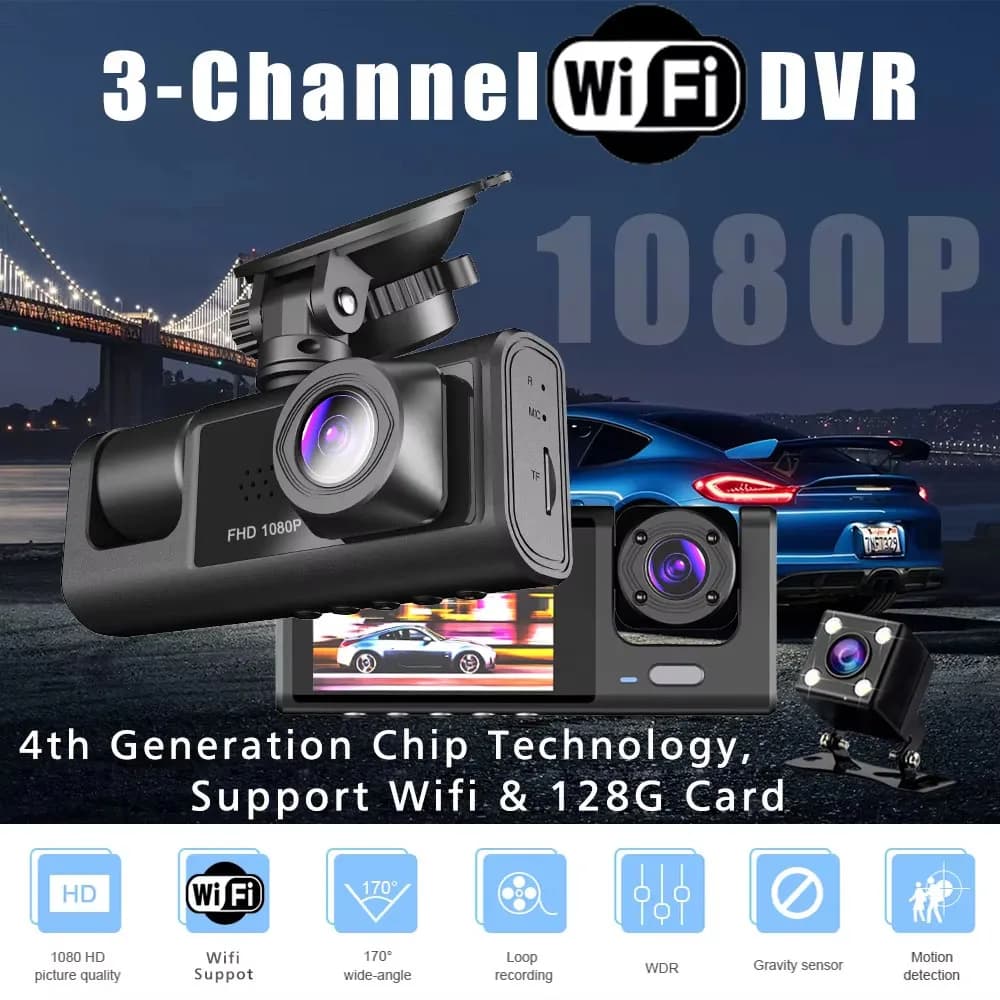 واي فاي 3 قناة سيارة DVR ثلاث طرق داش كام داخل كاميرا السيارة مسجل DVR FHD 1080P فيديو مصغر مسجل داشكام كامكورد - 2