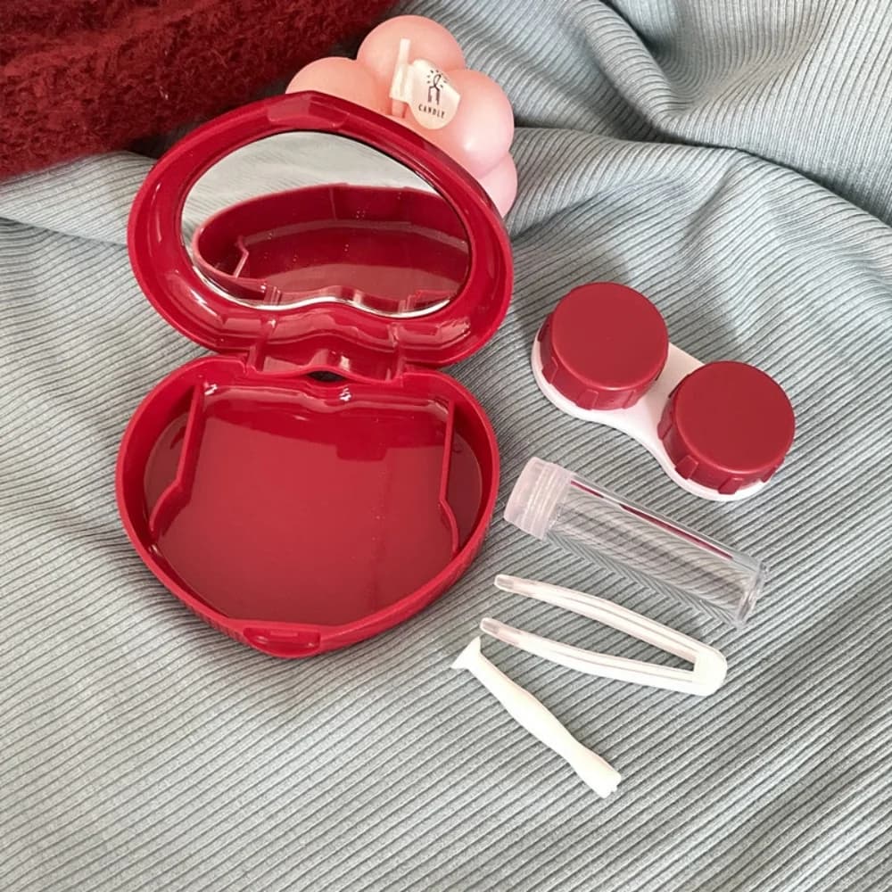 Heart Shape Contact Lens Case Mini Portable Travel Kit with Tweezers Mirror Suction Rod for Women Girl Lens Storage Accessories