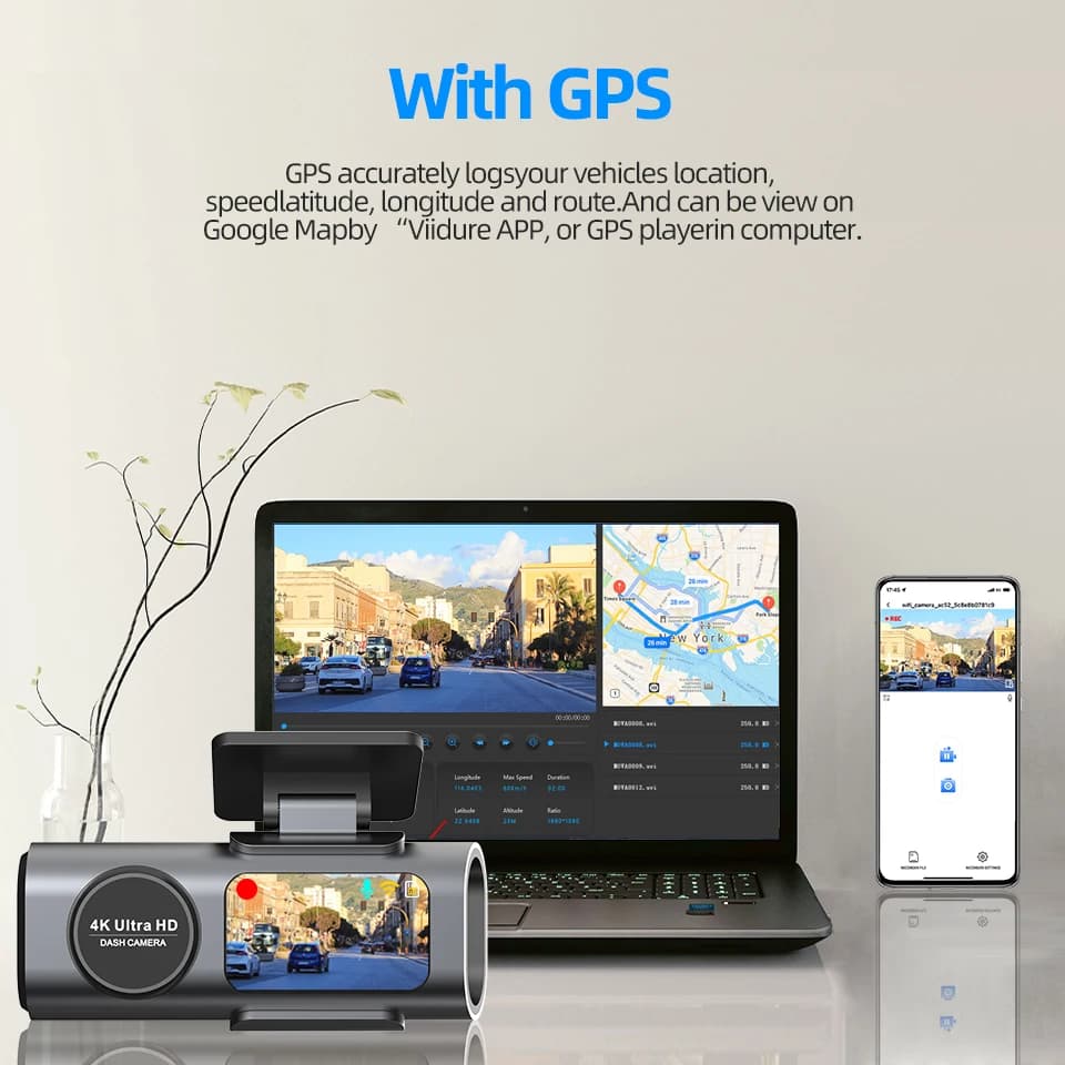 كاميرا سيارة تسجيل 4K UHD كاميرا DVR رؤية ليلية مسجل فيديو مدمج واي فاي دعم GPS مراقبة 24 ساعة - 4