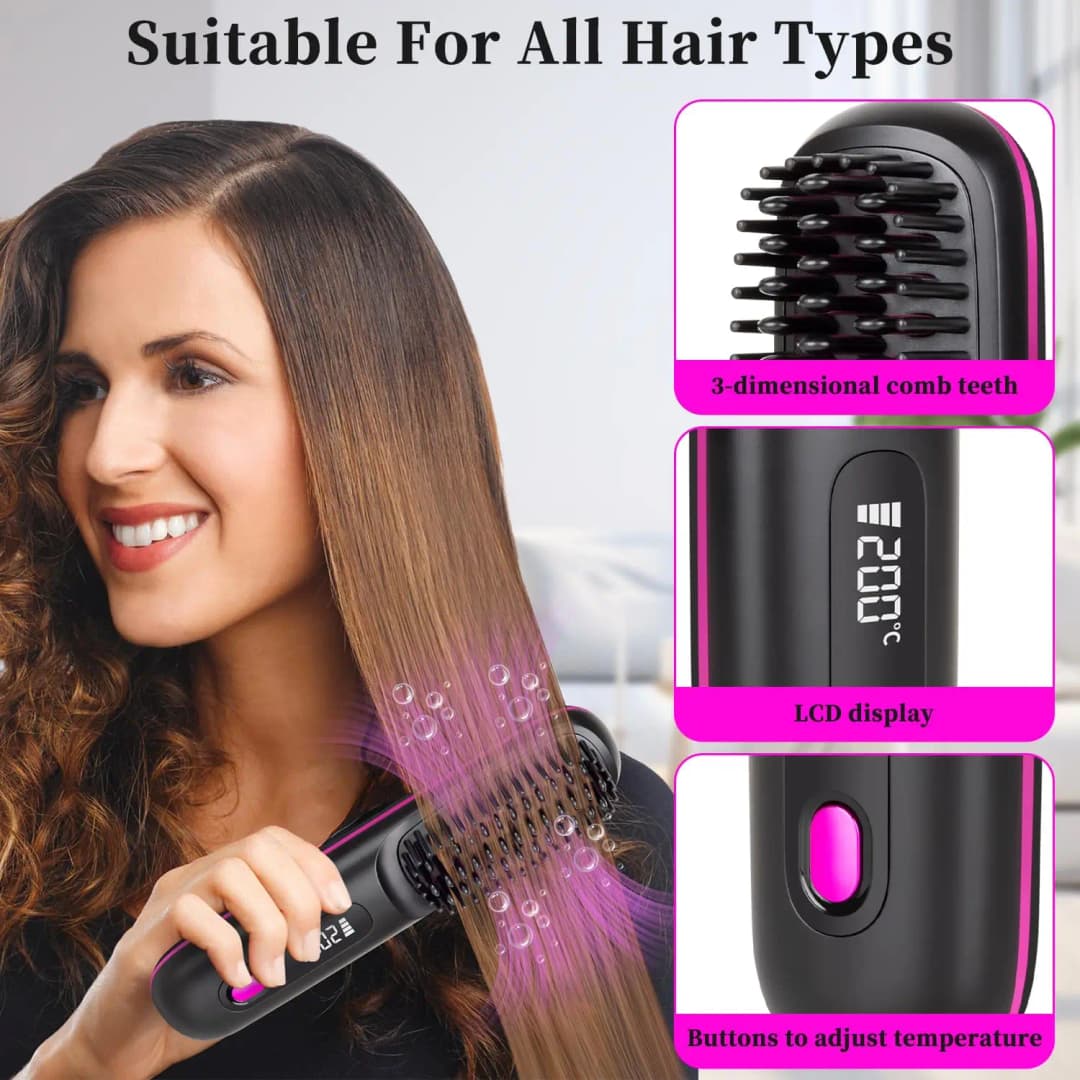 USB Charging Portable Hair Straightener Brush, Cordless Straightening Comb LED Display & Ceramic Coating, Ionic Technology - 4
