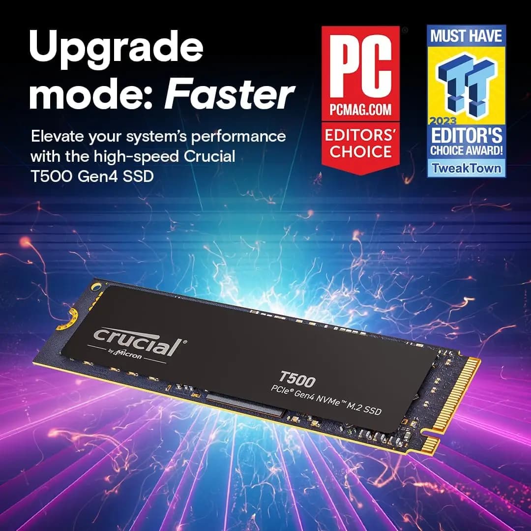 قرص صلب داخلي Crucial T500 بسعة 1 تيرابايت NVMe PCIe Gen4 M.2 2280 بسرعة تصل إلى 7400 ميجابايت/ثانية لأجهزة الألعاب PS5 والكمبيوتر المحمول - علبة البيع بالتجزئة الأصلية - 6