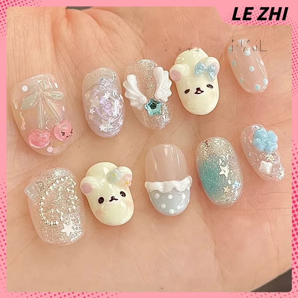10Pcs Kawaii Rilakkuma Handmade Press On Nail Art Cartoon 3D Bowknot Strawberry Four Leaf Clover Pearl Nails Party Sticker - 2
