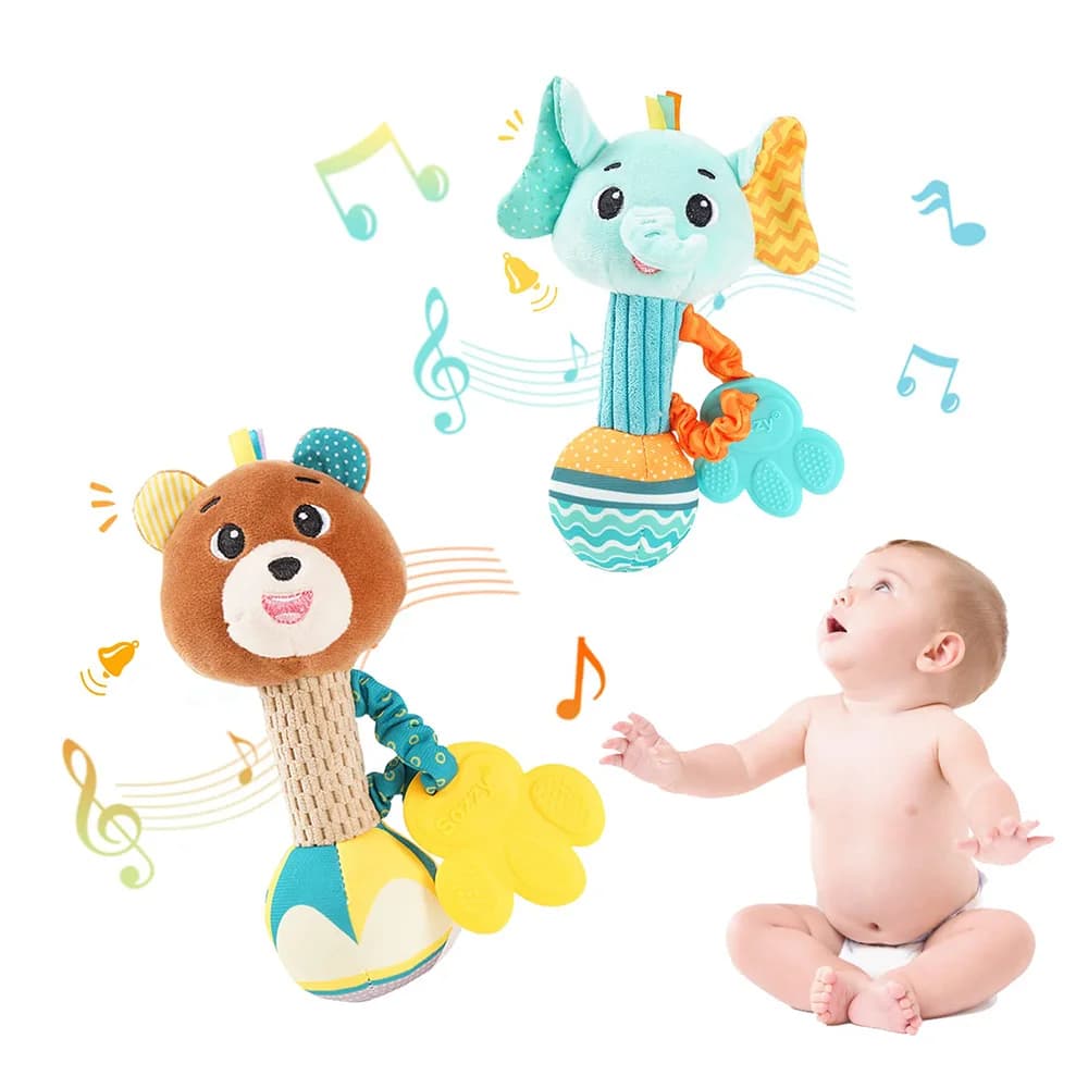 Baby Rattles Soft Stuffed Animal Rattle Hand Grip Baby Toys Shaker Crinkle Squeaky Sensory Travel Accessories for Toddler Gifts - 2