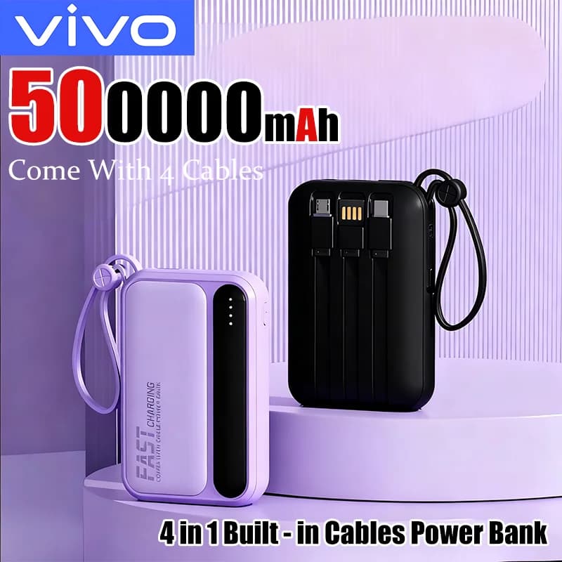 بنك طاقة VIVO 500000 مللي أمبير مدمج 4 خطوط سعة كبيرة شحن فائق السرعة بطارية خارجية محمولة لجميع الهواتف 2026 جديد