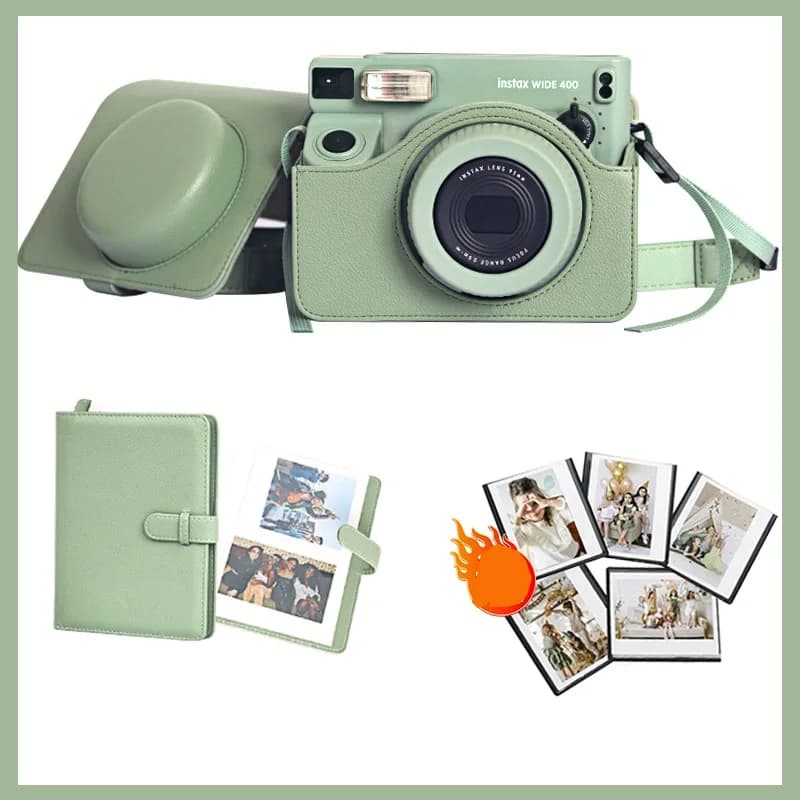 Fujifilm Instax wide 400 Film Camera Bag+Wide 80 Green Litchi Pattern Album+Magnetic Photo Bag PU Leather Anti Soft Silicone