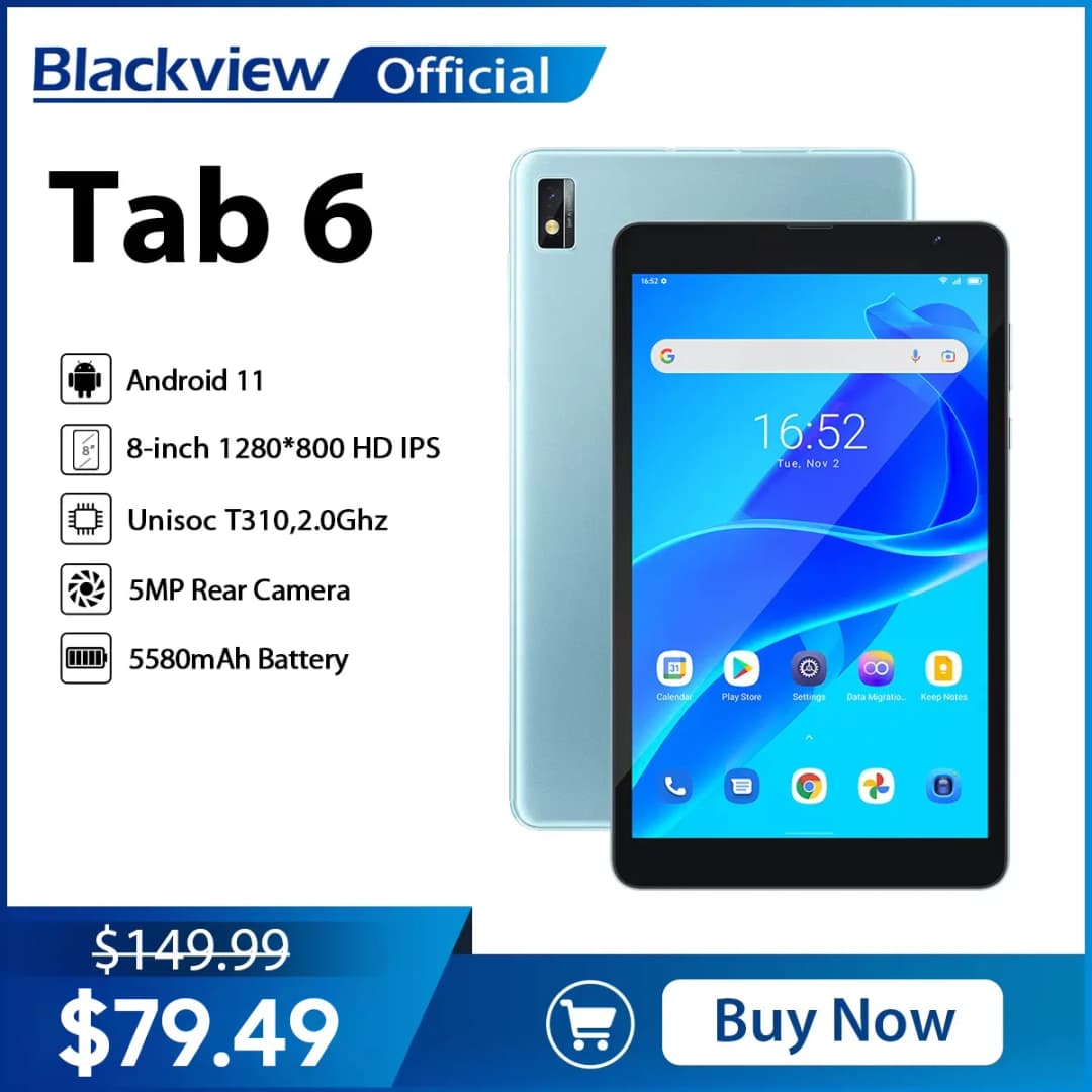 جهاز لوحي Blackview Tab 6، شاشة 8 بوصة، ذاكرة رام 3 جيجابايت، ذاكرة داخلية 32 جيجابايت، نظام أندرويد 11، بطارية 5580 مللي أمبير، يدعم المكالمات الهاتفية و4G وWiFi وLTE، متوافق مع Kindle وEbook