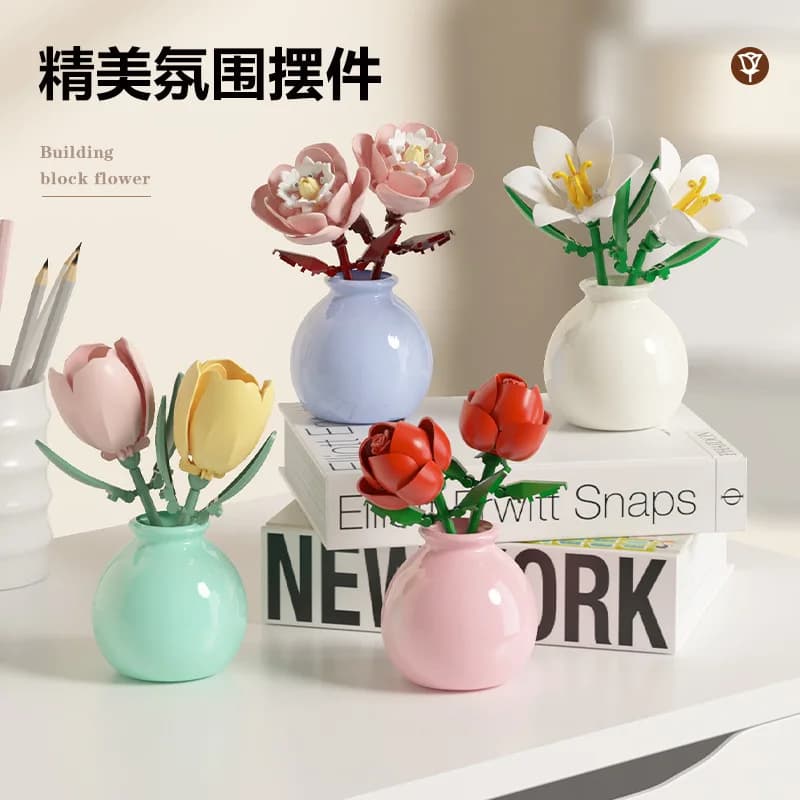 DIY MOC Flowers Bouquet Rose Sunflower Succulents Bonsai Vase Gardens Romantic Building Blocks Model Bricks Sets Kits Toys - 4