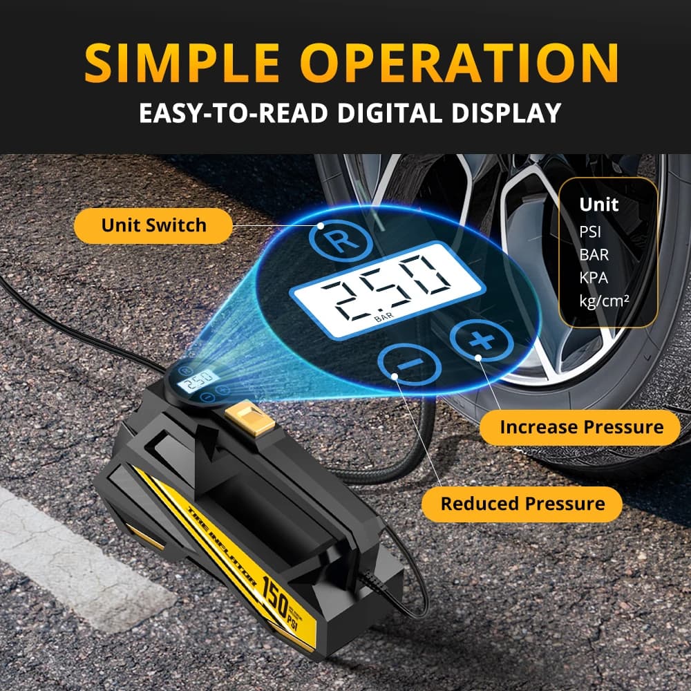Corded Portable Car Air Pump Upgraded 12V 150PSI Electric Tire Inflator Pump Motorcycle Bike Ball LED Light Car Air Compressor - 5
