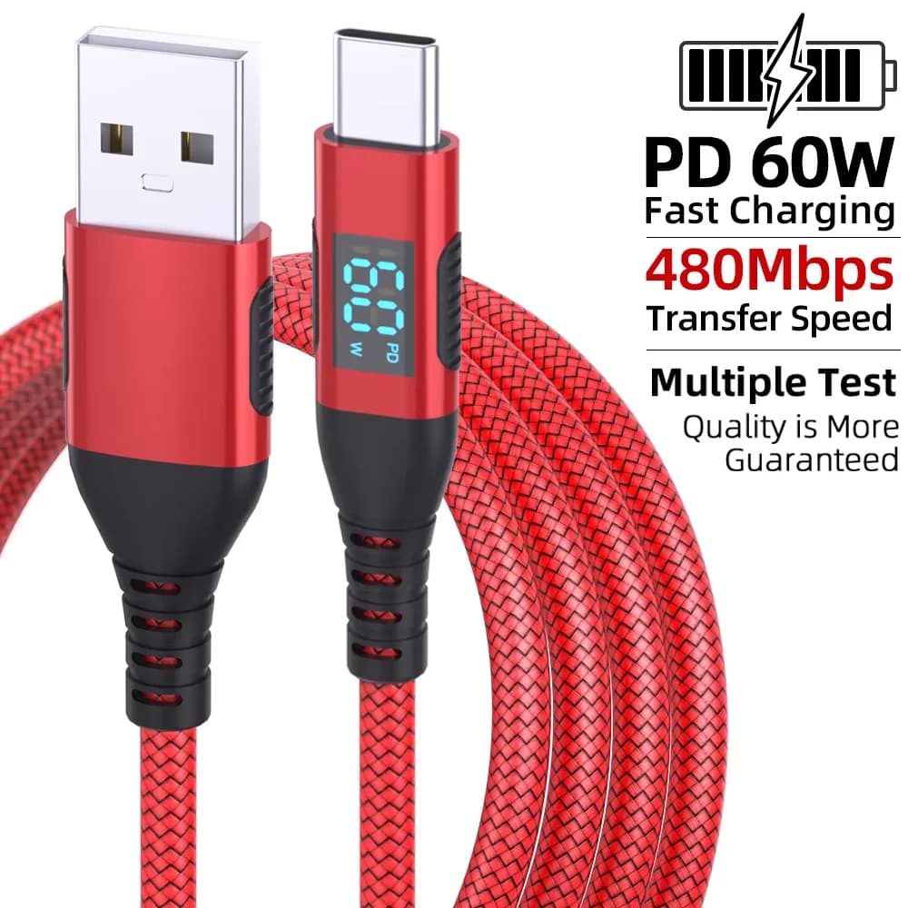 High quality 1PC USB To Type C Cable 60W Fast Charging Charger Wire LED display For Xiaomi Samsung Laptop USB C Cord 1M 2M 3M