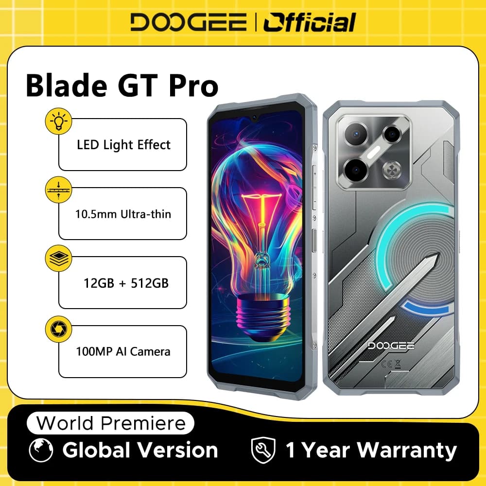 هاتف DOOGEE Blade GT Pro 5G المتين بتأثير إضاءة LED بشاشة 6.72 بوصة ومعدل تحديث 120 هرتز وذاكرة 32 جيجابايت (12+20) وسعة تخزين 512 جيجابايت وسماكة 10.5 ملم فائقة النحافة وكاميرا ذكاء اصطناعي بدقة 100 ميجابكسل