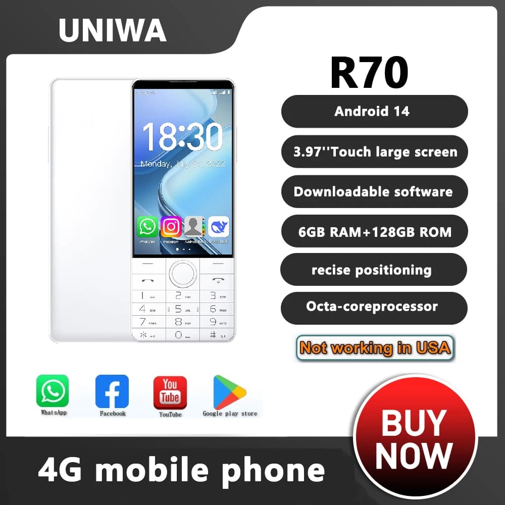 هاتف دووف بدون كاميرا R70 بشاشة لمس ذكية ولوحة مفاتيح، 4G، 6 جيجابايت + 128 جيجابايت، بطارية 2600 مللي أمبير، شاشة 4.0 بوصة، أندرويد 14، واي فاي