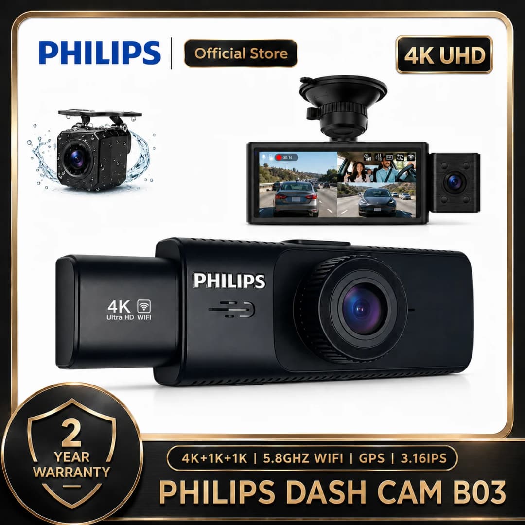PHILIPS Dash Cam B03 4K+1K+1K HDR 3 Channel Front Cabin Rear 3.16 Inch IPS 2.4G & 5.8G WiFi APP GPS Support 24H Parking Car DVR