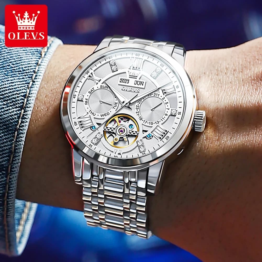 ساعات أوليفس رجالية هيكل عظمي طارة دوارة ميكانيكية أوتوماتيكية أصلية ساعة يد رجالية مقاومة للماء مضيئة تقويم دائم - 4