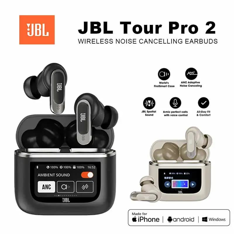 سماعات JBL تور برو 2 اللاسلكية الأصلية مع إلغاء الضوضاء وعلبة شاشة ذكية LED