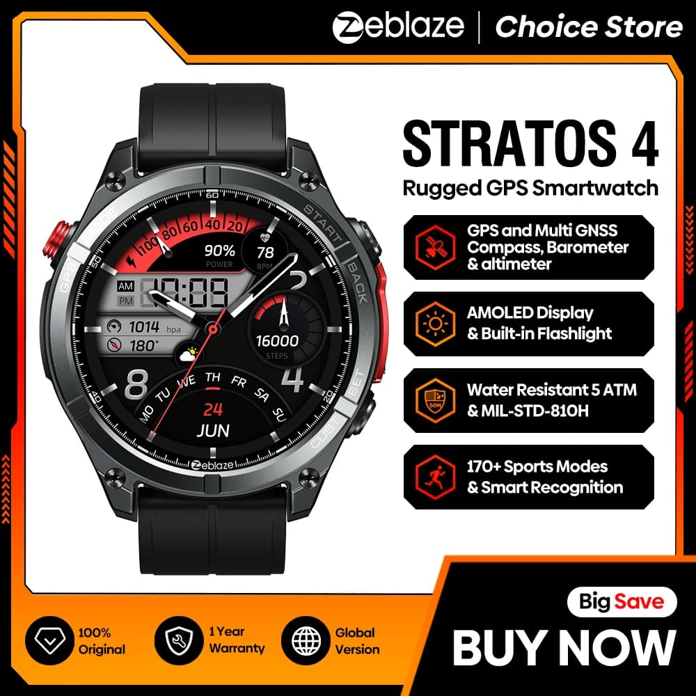 جديد 2025 Zeblaze Stratos 4 GPS Smartwatch 1.43 "AMOLED شاشة البوصلة مقياس الارتفاع الجوي مصباح يدوي الاتصال الصوتي ساعة ذكية