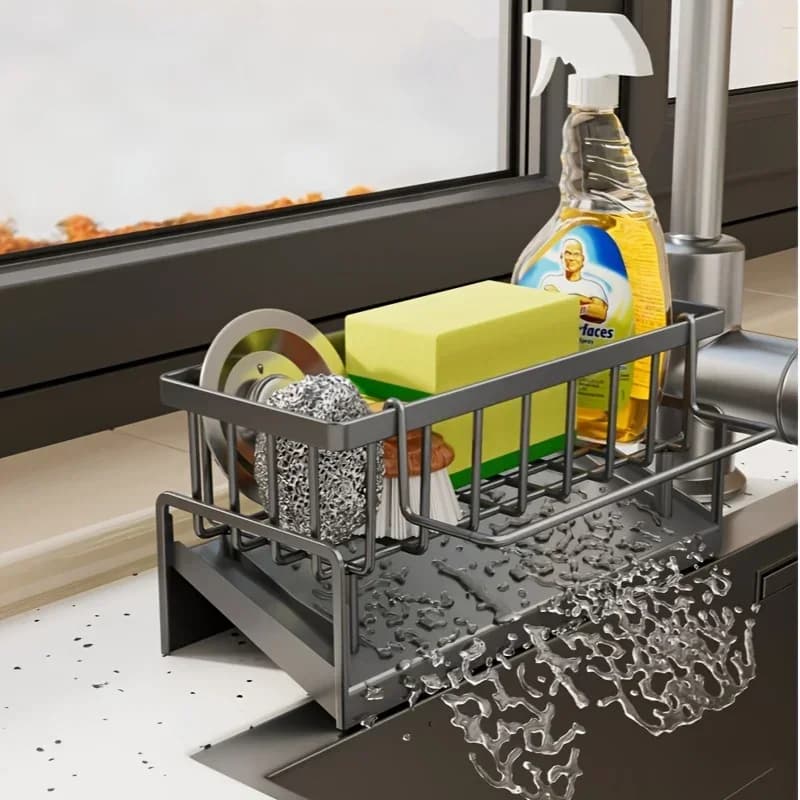 Drill-Free Sink Organizer Multi-Use Sponge Soap Holder Draining Rack for Kitchen Countertop Storage Waterproof Shelf 1PC