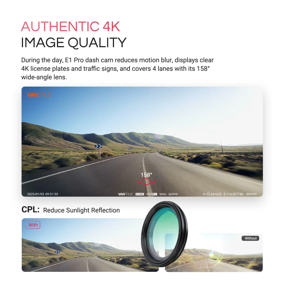 فانترو E1 برو 4K ميني داش كام - كاميرا أمامية STARVIS 2، HDR للرؤية الليلية، واي فاي 5G، GPS، يدعم حتى 1 تيرابايت - 4