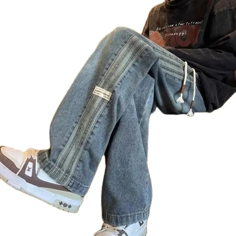 Three bar American retro jeans men's spring and autumn new style high street elastic waist loose casual men's straight leg long - 5