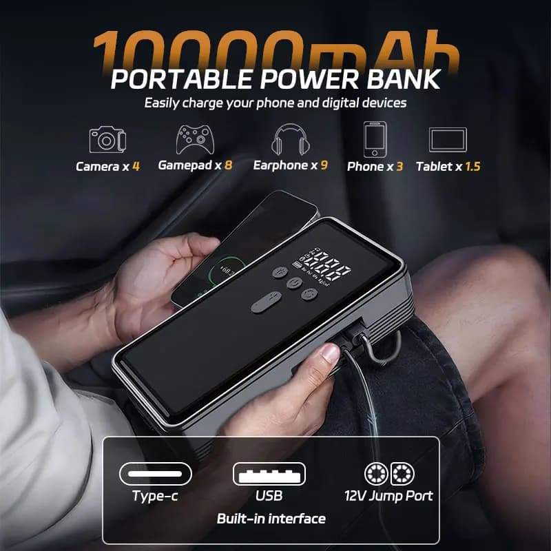 منفاخ سيارة جديد 30000mAh، بنك طاقة محمول، مضخة هواء 150PSI، جهاز بدء تشغيل الطوارئ 12V للسيارة - 3