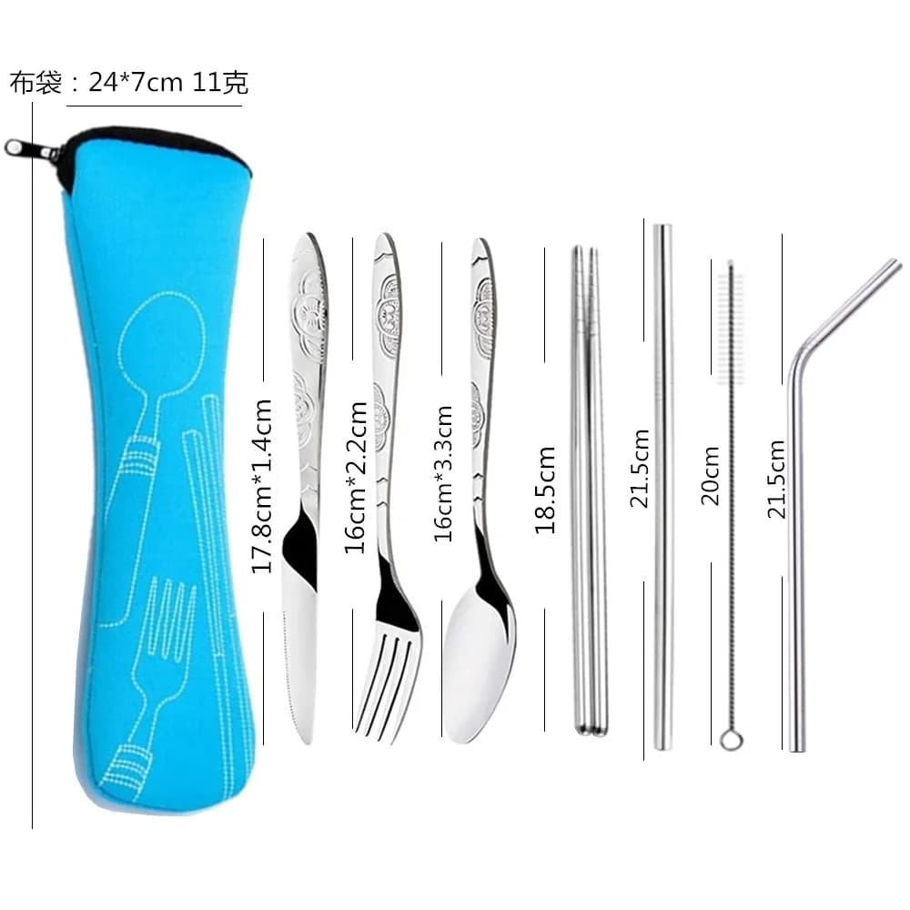 7pcs/ Set Stainless Steel Tableware Set Outdoor Portable Cloth Bag Knife Fork Spoon Chopsticks Straw Rich Flowers Seven Sets - 6