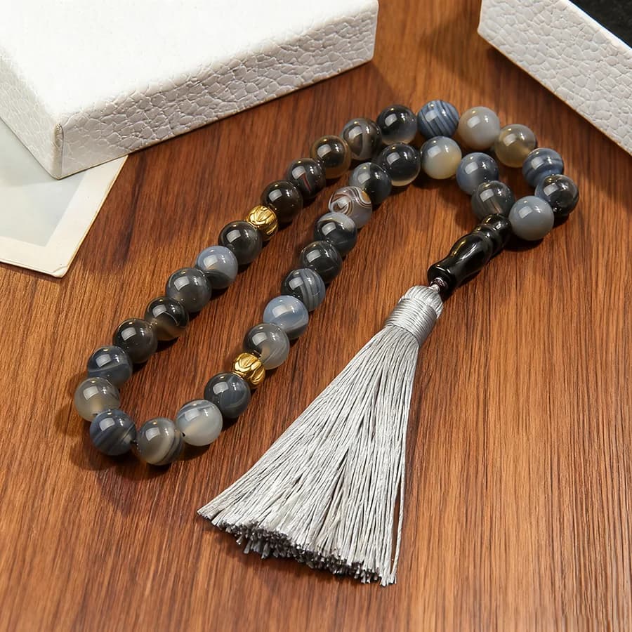 سوار مسبحة حج من حجر العقيق 10 ملم مع قلادة شرابة رائعة، سوار خرز مسلم - 5