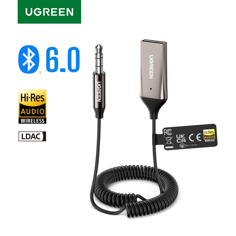 محول UGREEN Bluetooth 6.0 5.4 بدون استخدام اليدين بلوتوث 3.5mm AUX موسيقى ملاحة بث ميكروفون للمكالمات في السيارة