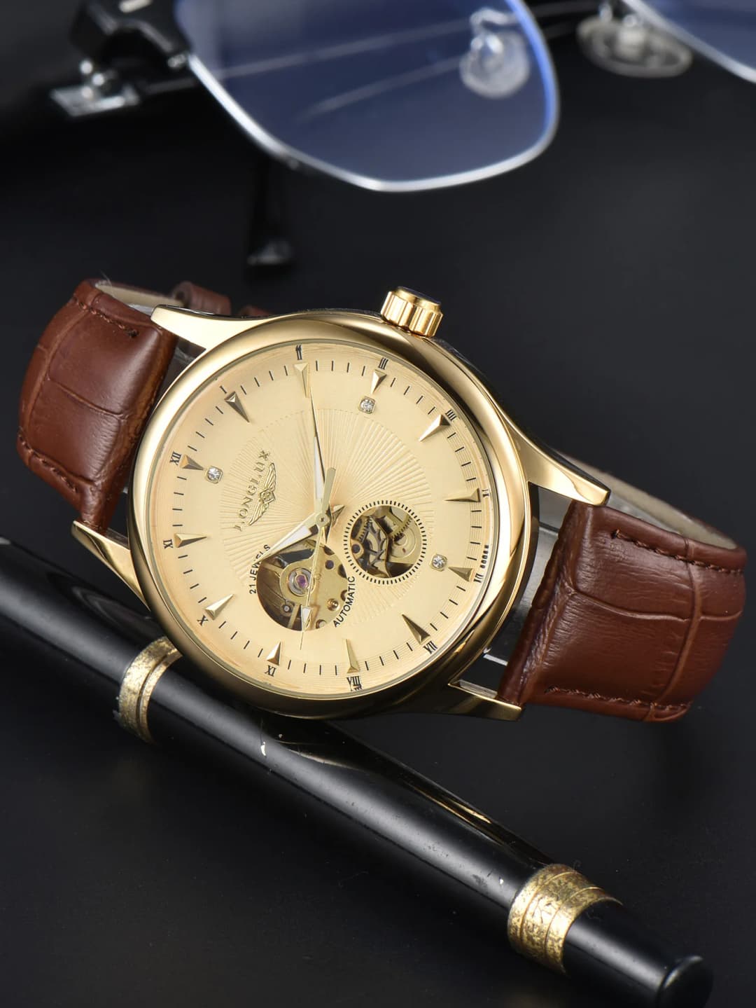 LONGLUX automatic watch elegant style wholesale mechanical wristwatches skeleton rome waterproof  mens watch men gift - 2