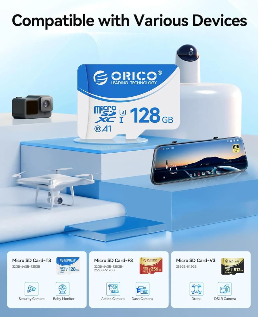 بطاقة ذاكرة ORICO T3 128GB microSDXC UHS-I، قراءة 70 ميجابايت/ثانية، كتابة 60 ميجابايت/ثانية، تسجيل 4K UHD، U3، Class10، V30، A1، مايكرو إس دي للكاميرا - 6