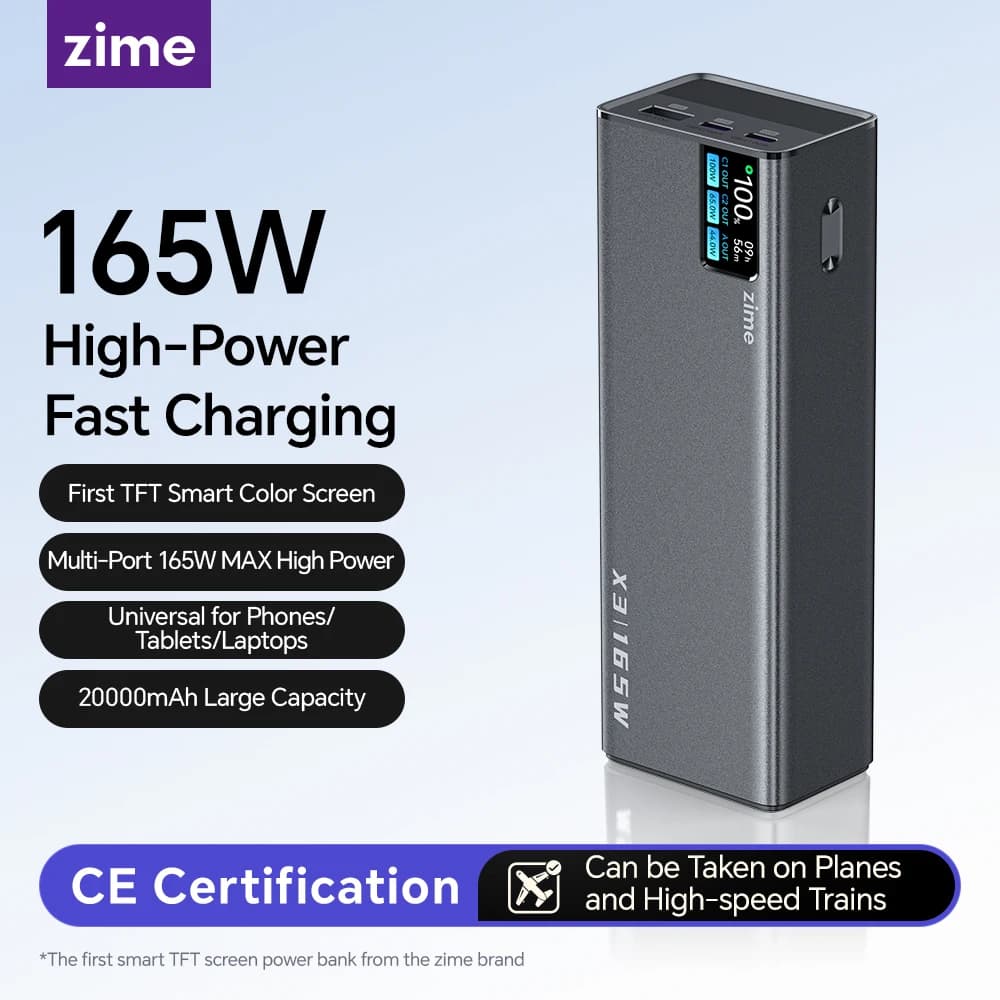 zime 165W 20000mAh Power Bank Support PD3.0 PPS Fast Charging For Macbook Tablet iPhone 17 16 Two-way Fast Charging