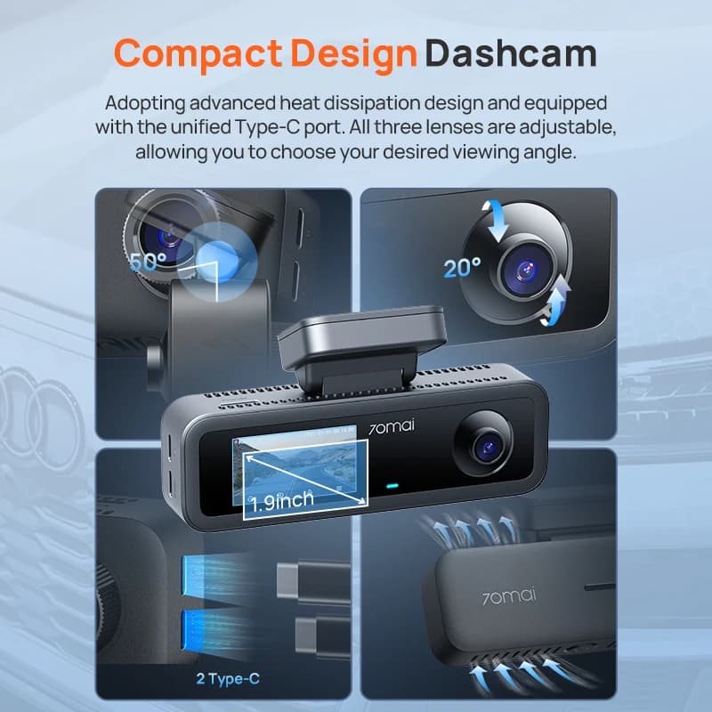 70mai T800E 3-Channel Dash Cam, 4K HDR f/1.55 Built-in GPS Voice Control, Supercapacitor 24H Parking Mode 3-in-1 Car Camera - 5