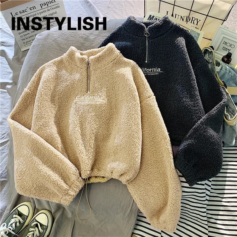 Women Stand Neck Fleece Cropped Hoodies Autumn Letter Embroidery Long Sleeve Drawstring Sweatshirt Elegant Plush Velvet Tops - 3