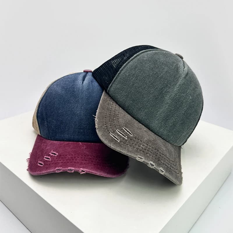 New Unisex Color Block Broken Style Baseball Hats Distress Breathable Mesh Sunshade Retro Trucker Caps Versatile Simple Fashion - 2