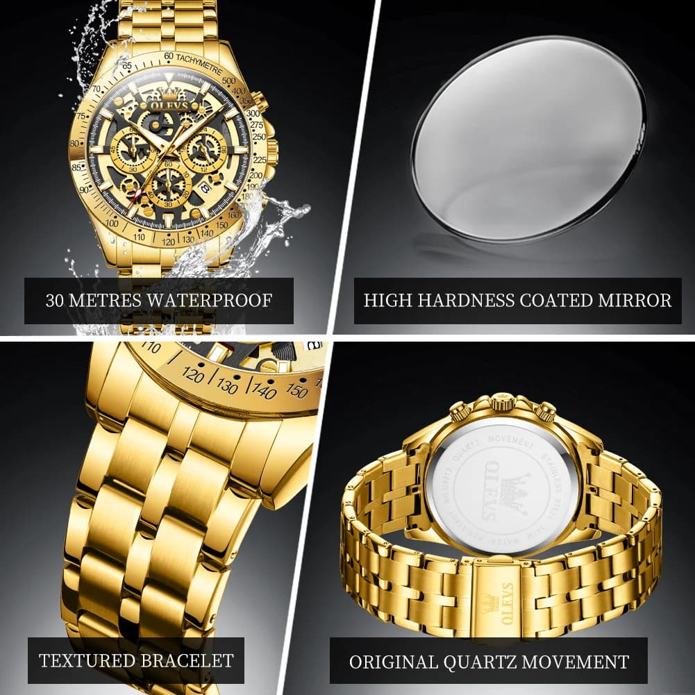 OLEVS Lxuxry Brand Gold Men's Watches Full Skeleton Stainless steel Chronograph Wristwatch Waterproof Luminous Quartz Watch Men - 6