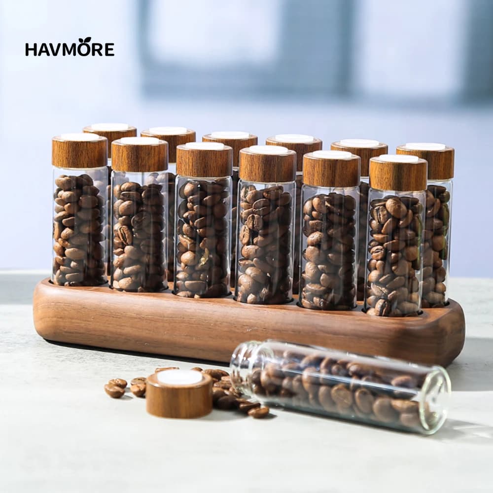 Airtight Sealed Glass 12Tubes Coffee Beans Storage Containers 22g Single Dose Aroma Valve With Coffee Bean Storage Wooden Holder - 2