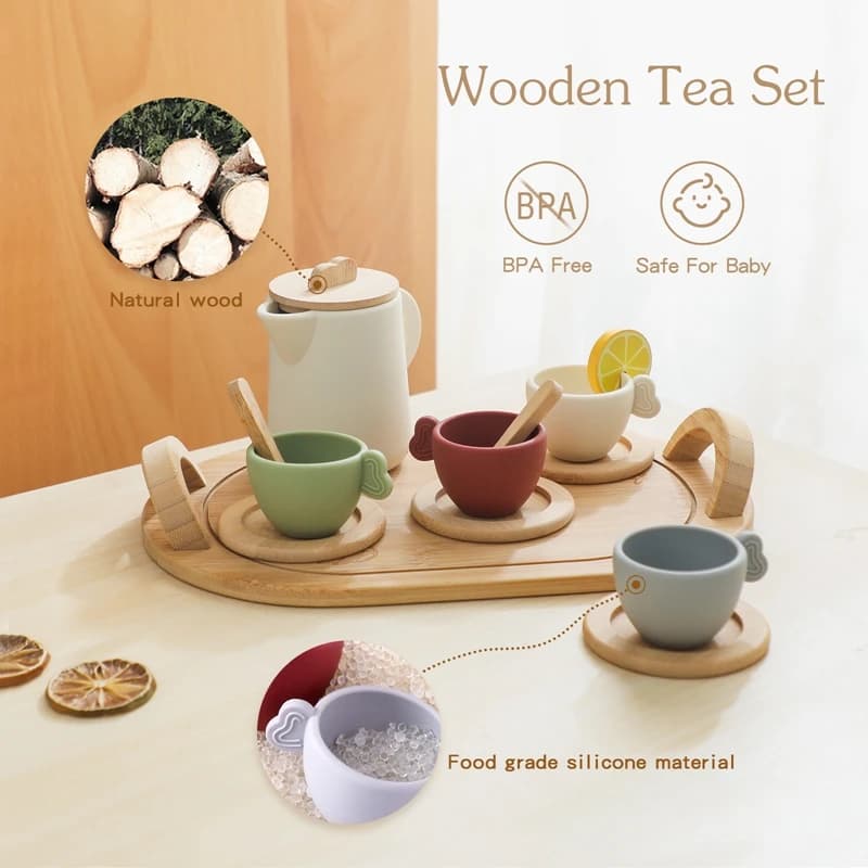 Wooden Children Montessori Toy Teapot Teacup Simulation Kitchen Utensil  BPA Free Silicone Kid Education Pretend Play Toy Gift - 5