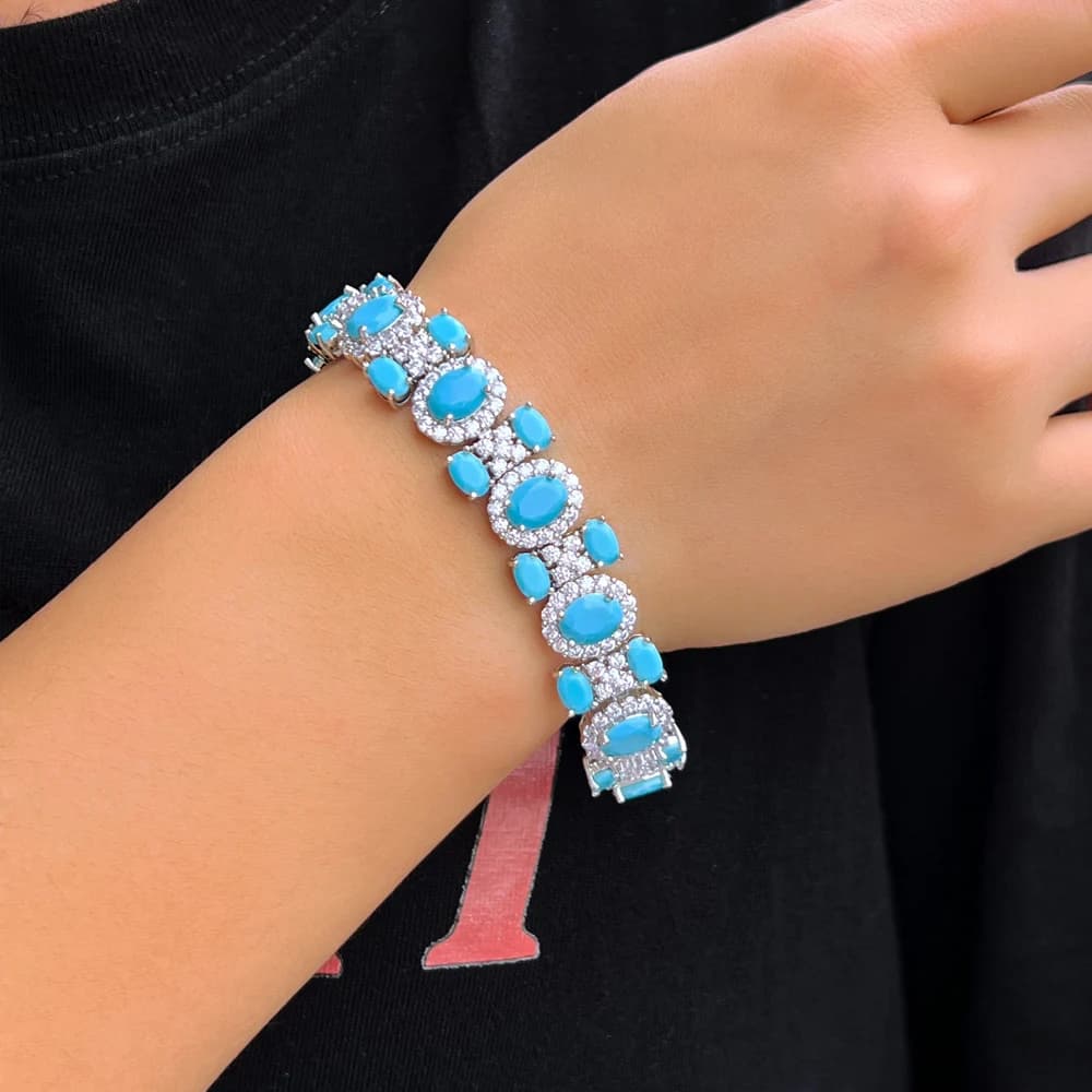 ThreeGraces 2024 New Luxury Blue Turquoise Geometric Link Chain Bracelet for Women Bohemian Wedding Bridal Party Jewelry BR404 - 2