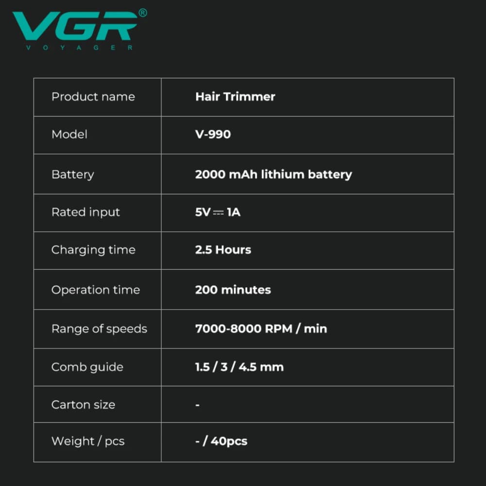 VGR Hair Trimmer Cordless Hair Cutting Machine Barber Electric 8000 RPM Hair Clipper Professional Haircut Trimmer for Men V-990 - 6