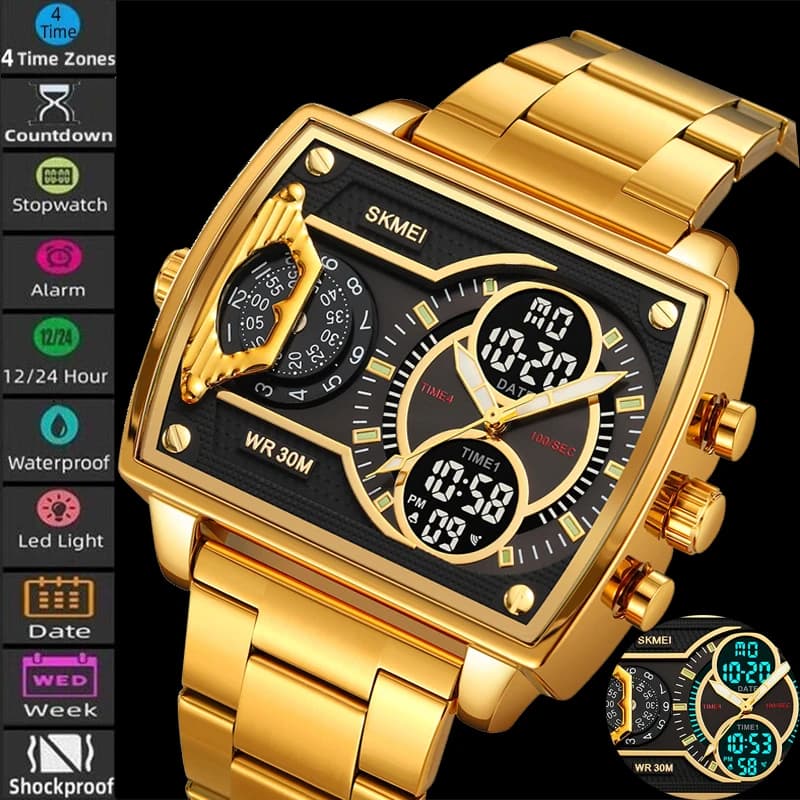 سكيمي ساعات رياضية رجالية متعددة المناطق الزمنية موضة عرض رقمي تناظري مقاومة للماء ساعة كوارتز معصم ليد كرونو منبه