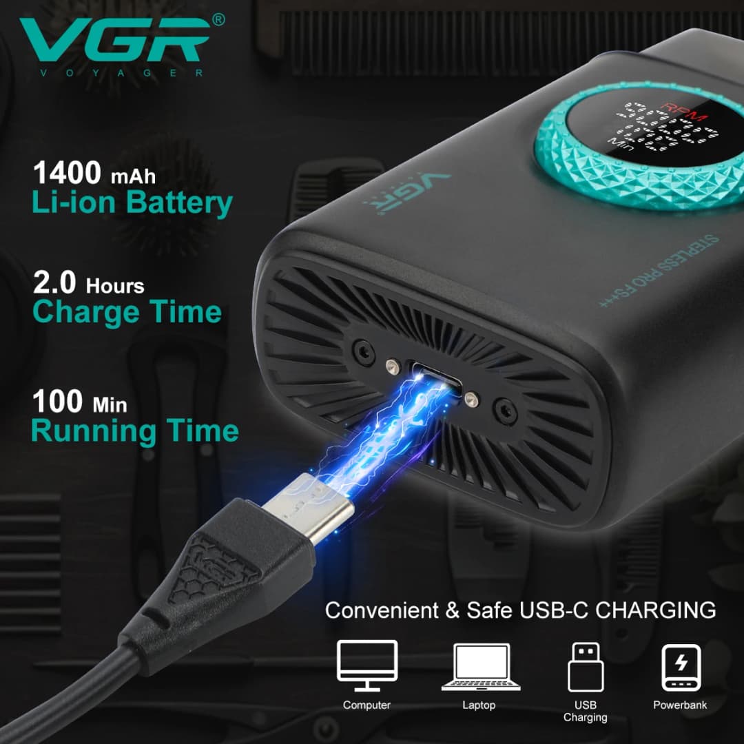 ماكينة حلاقة فاخرة من VGR للرجال، مصنوعة من سبيكة، بثلاث شفرات متبادلة، شاشة LED رقمية ذكية، سرعة 9000 لقص الشعر، موديل V-378 - 5