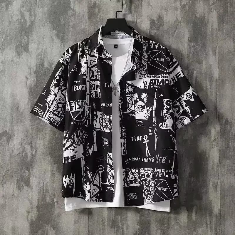 Japanese Retro Printed Short-Sleeve Shirt for Men,Trendy Brand Letter Shirt, Loose Casual VersatileThin Short-Sleeve Dress Shirt - 6